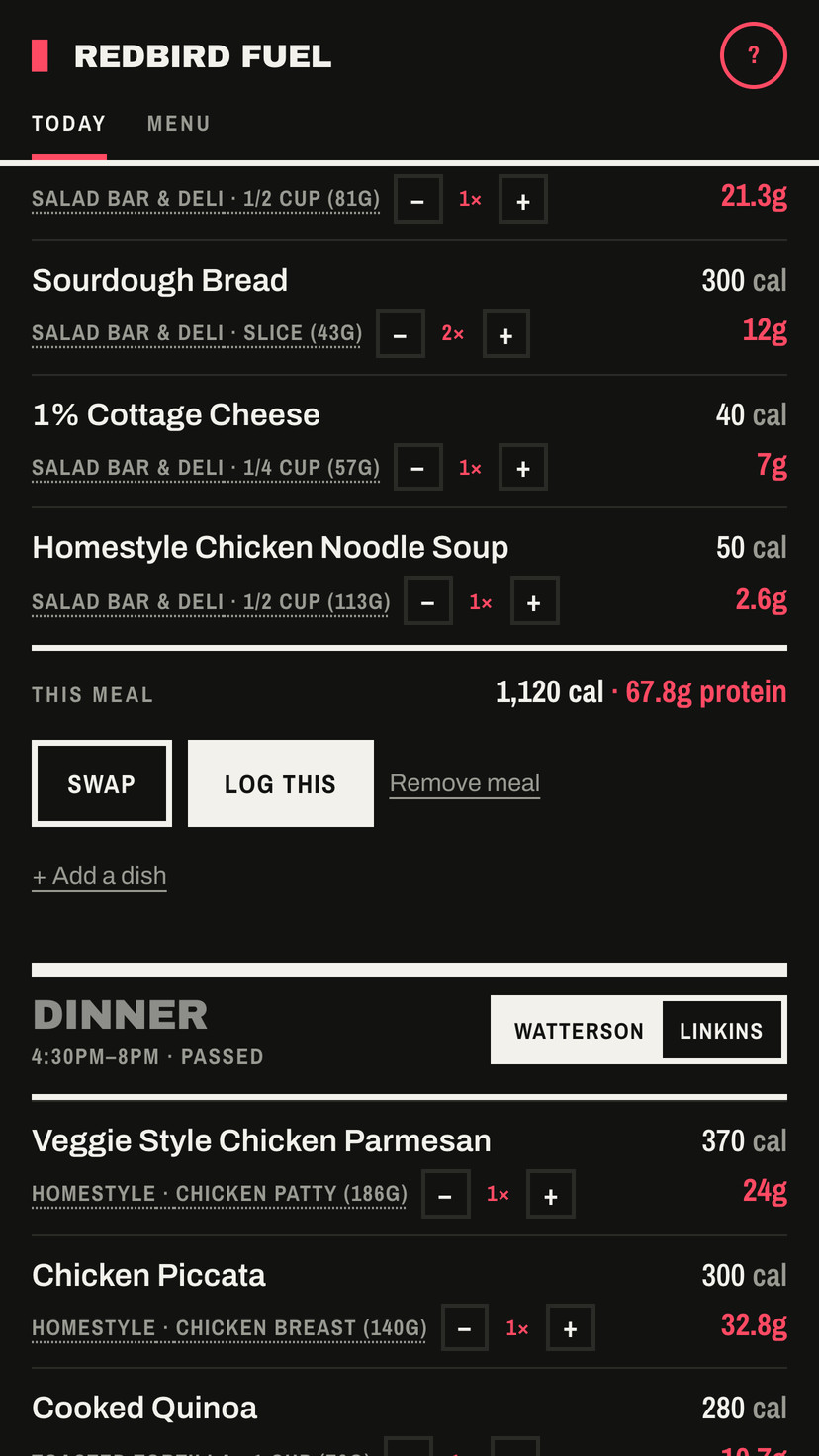 A meal opened up, with its own totals.